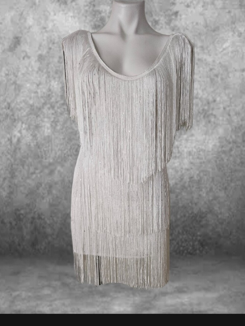White Fringe Shift Dress with Scoop Neck Siver Specks M - Picture 3 of 7